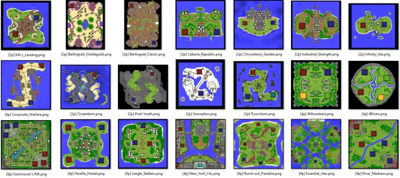Thumbnails of the maps in the official Reign of Nether map pack.